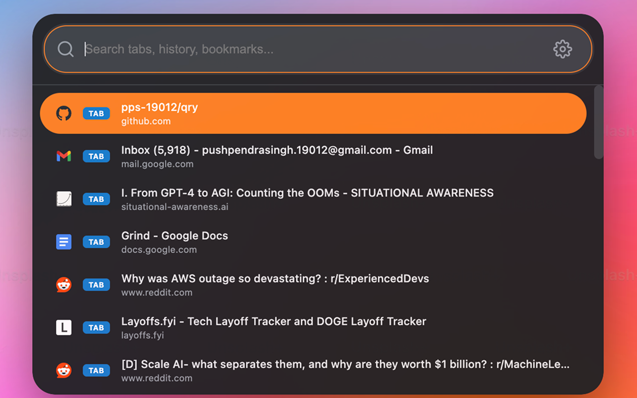 Qry command palette showing tab search